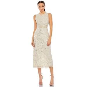 Mac Duggal Geometric Embellished Sleeveless Dress 93758 Nude Silver 6 NWT FLAW